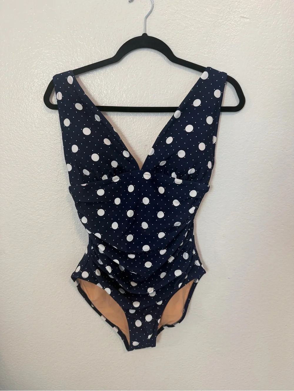 NWT J.Crew Factory Ruched Plunge One-Piece Swimsuit Navy White Polka Dot M
